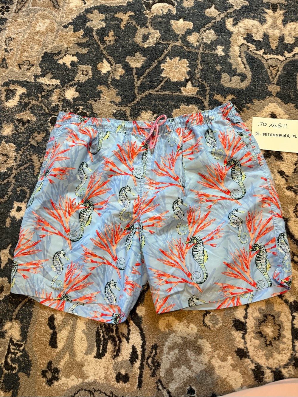 Peter Millar Men's Light Blue Seahorse Print Swim Trunks